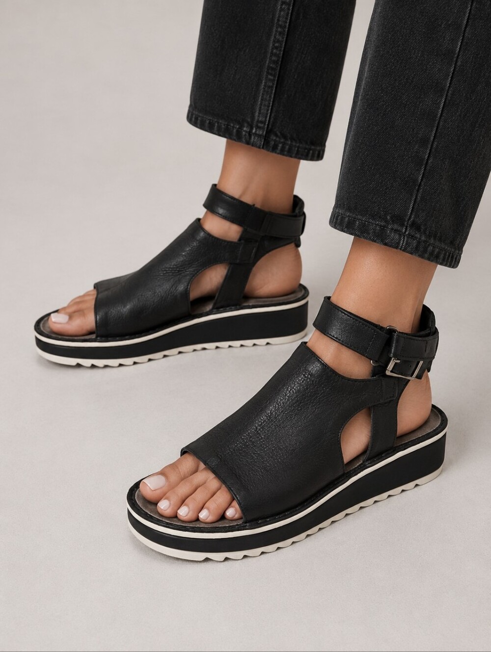 Naot Black Leather Platform Ankle-Strap Sandals